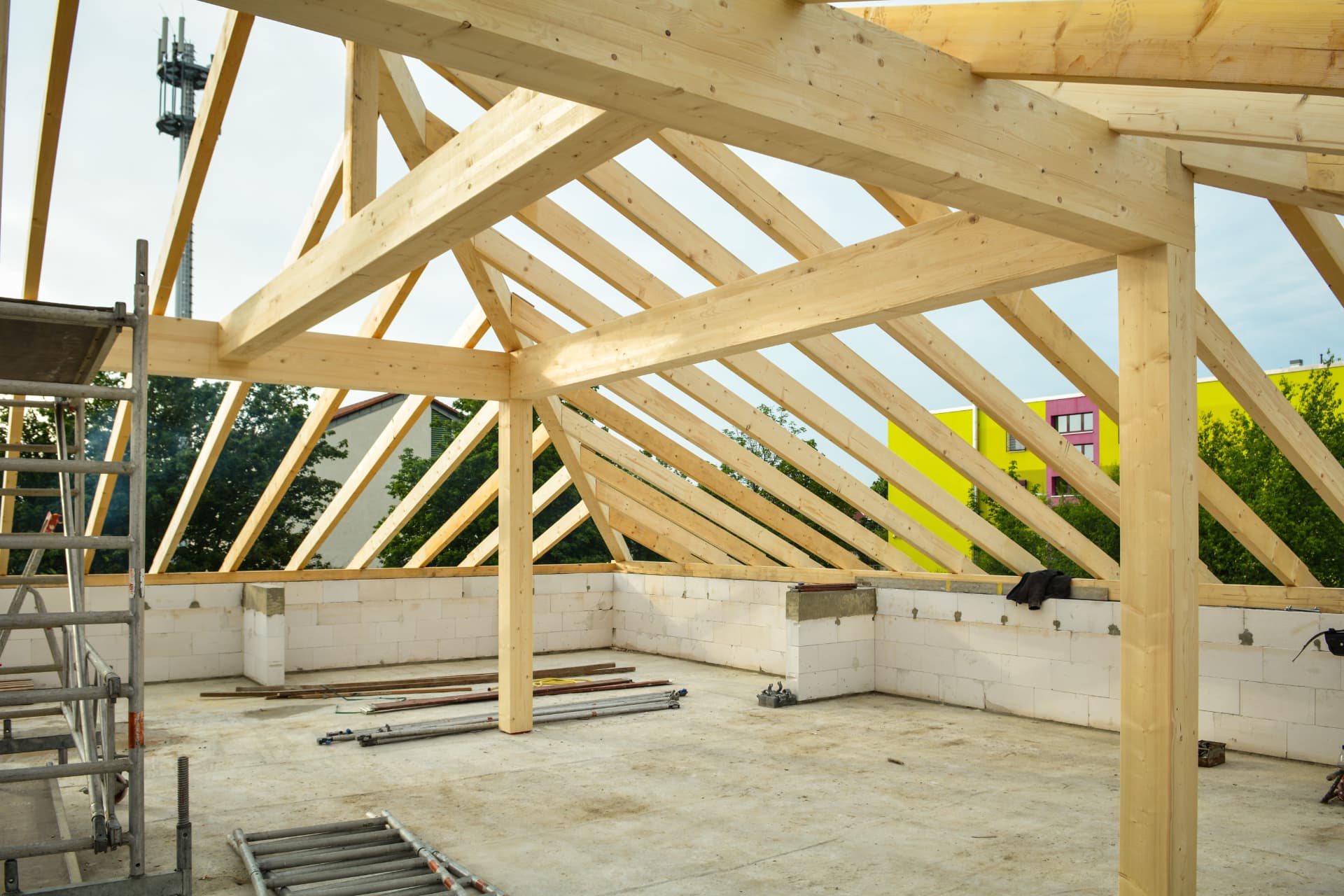 Timber roof structure during construction